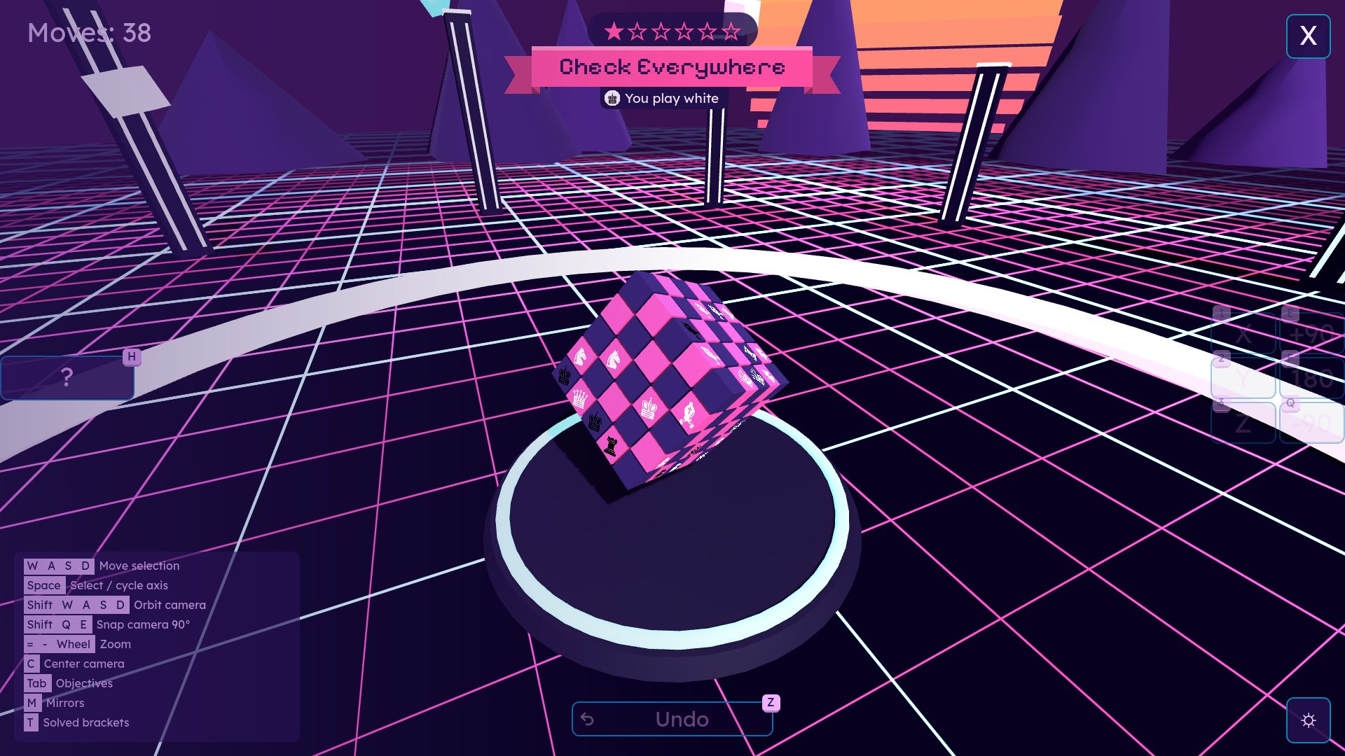 A 4x4 magenta and purple chess cube on a neon grid with a synthwave sun behind it, in the Check Everywhere puzzle