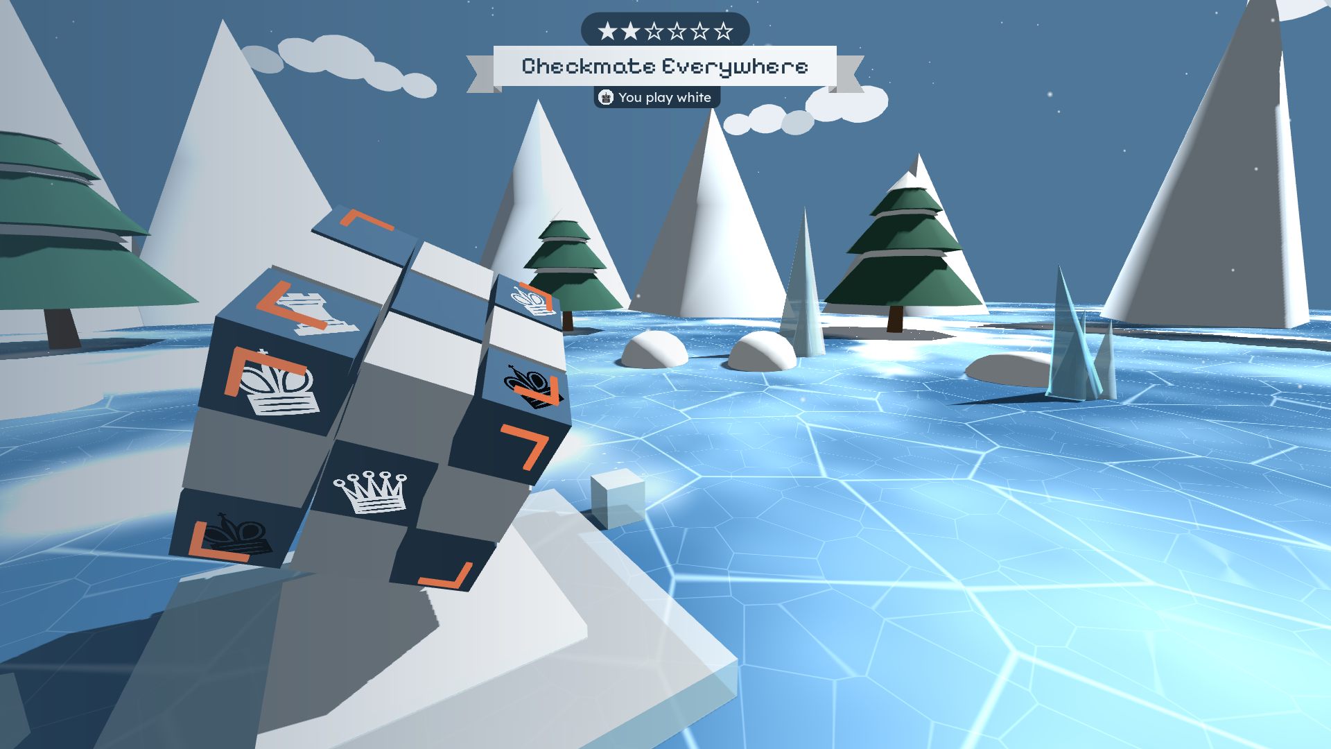 A cube among snowy mountains and pines