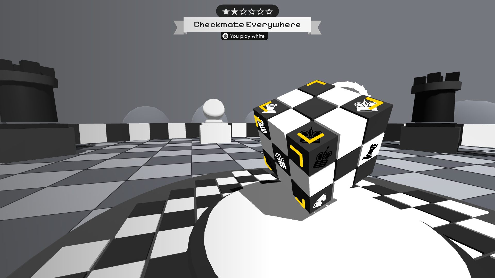 A cube on a black and white marble floor with giant chess pieces