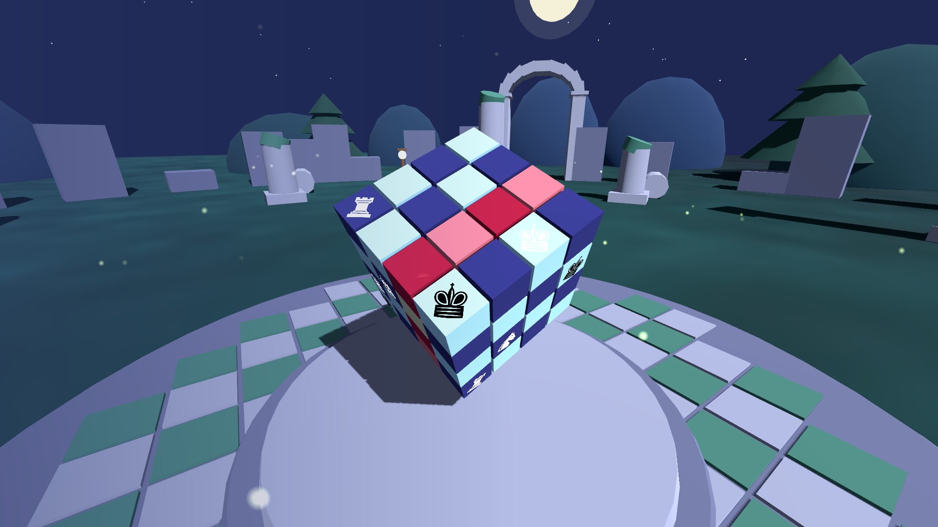 A cube under a full moon among ancient stones